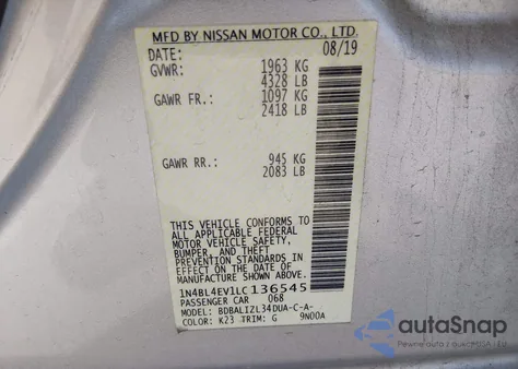 2020 Nissan Altima Sl Fwd from USA, damaged, VIN 1N4BL4EV1LC136545